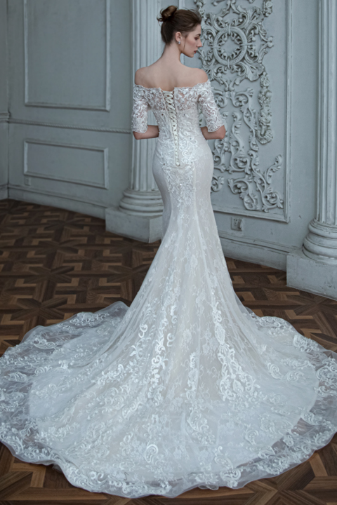2021 New Style Off Shoulder Sequined Mermaid Lace Wedding Dress With Long Train