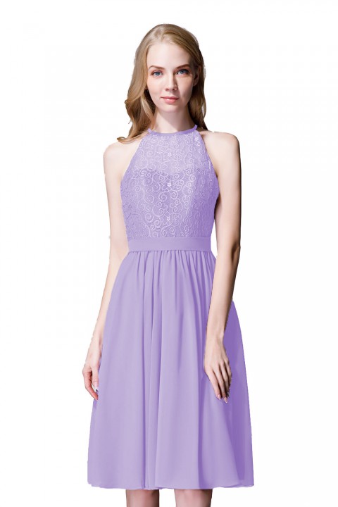 Illusion High Neck Halter Lace Short Bridesmaid Dress with Tie Detail