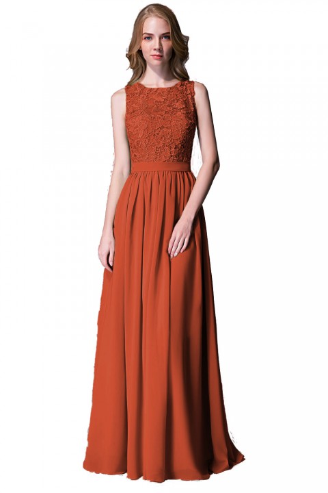 Lace Upper Bodice Illusion Scoop Neck Chiffon Bridesmaid Dress Sleeveless