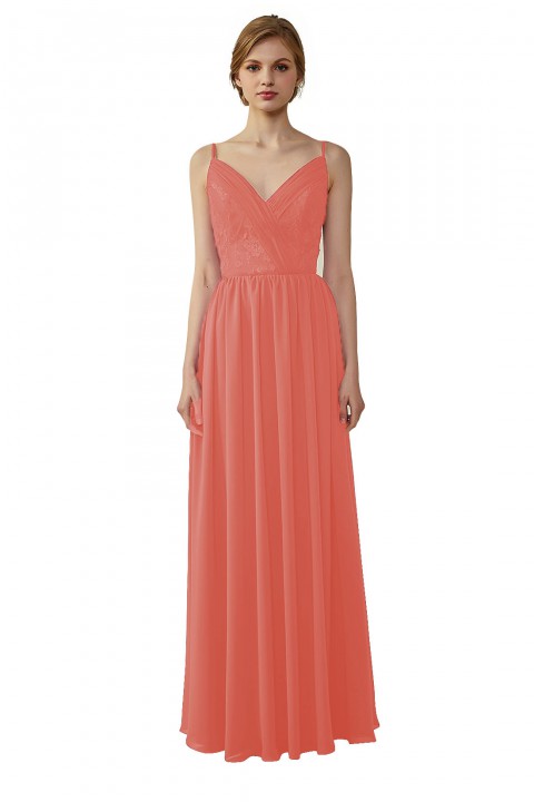 Double Spaghetti Straps Draped Lace Open-back Chiffon Bridesmaid Dress