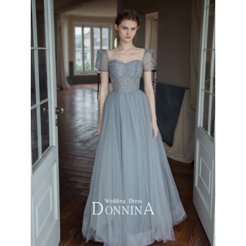 Bit of Blue Sweetheart Neck Puff Sleeves Beaded Tulle Party Dress