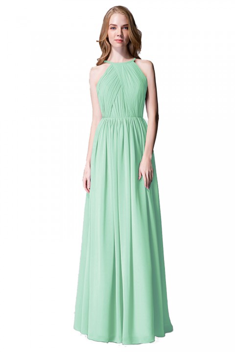 Pleated A-Line Halter Spaghetti-Straps Back Chiffon Bridesmaid Dress