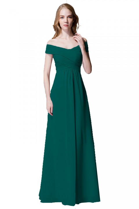 Crisscross Off-the-Shoulder Pleated V-back Bridesmaid Dress Long