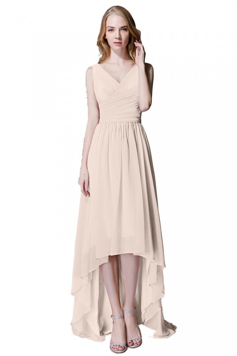 Romantic High-Low V-Neck Chiffon Ruched Bridesmaid Dress