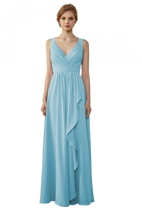 Lace Illusion Back Clousre Tulle Strap V-Neck Bridesmaid Dress with Ruffle