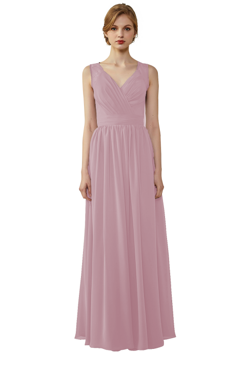 Lace Illusion Back Closure with Button Ruched V-Neck Bridesmaid Dress 