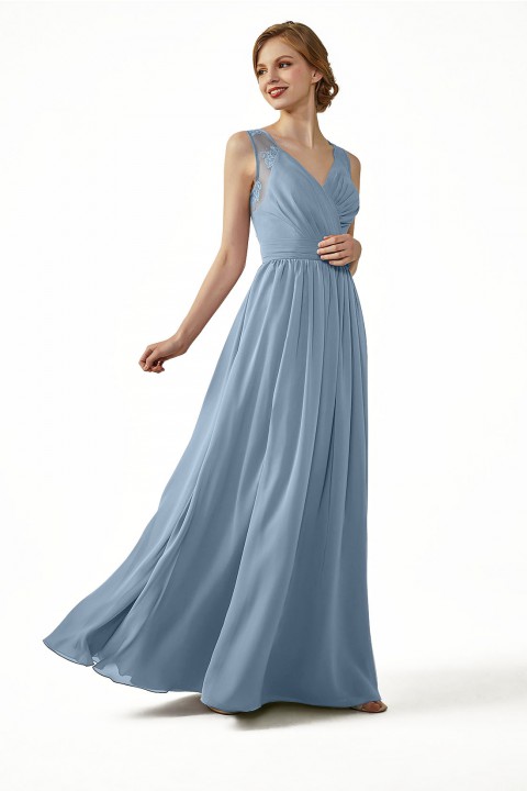 Lace Illusion Back Closure with Button Ruched V-Neck Bridesmaid Dress 