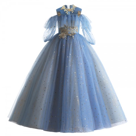 Blue High Neck Cold Shoulder Flounce Sequin Flower Decor Shiny Tulle Skirt Girls Pageant Dress