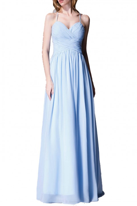 Spaghetti Straps Halter Neckline Front Cascade Bridesmaid Dress with Keyhole Back