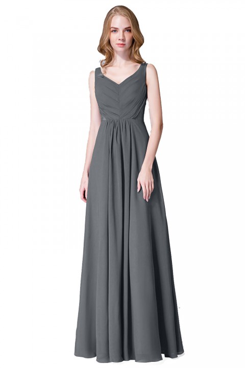 Elegant V-Back Chiffon Tank Bridesmaid Dress with Mesh Lace Inset