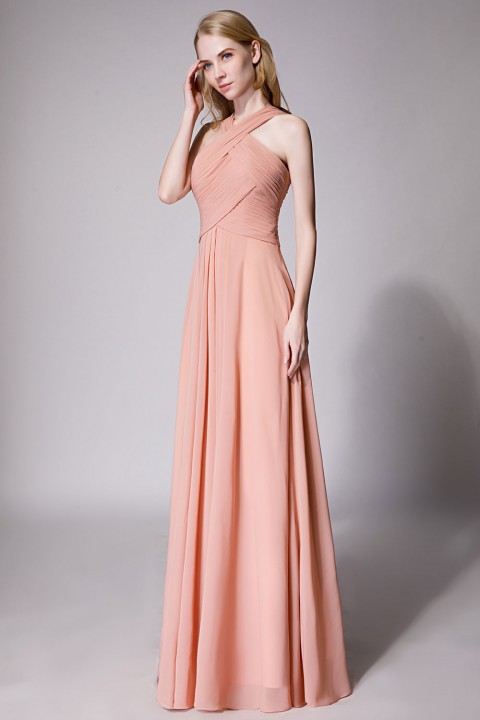 Chic Criss-cross Halter Pleated Chiffon Bridesmaid Dress Long