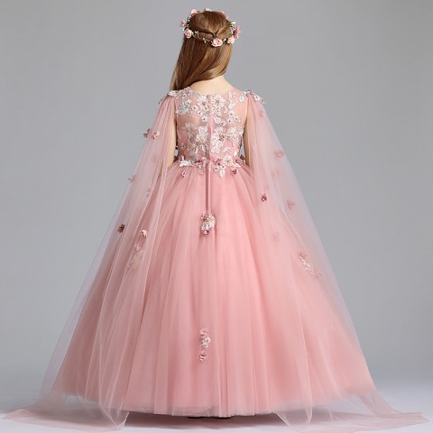 Round Neck Shawl Sleeve Embroidery Beaded Decor Tulle Skirt Girls Pageant Dresses