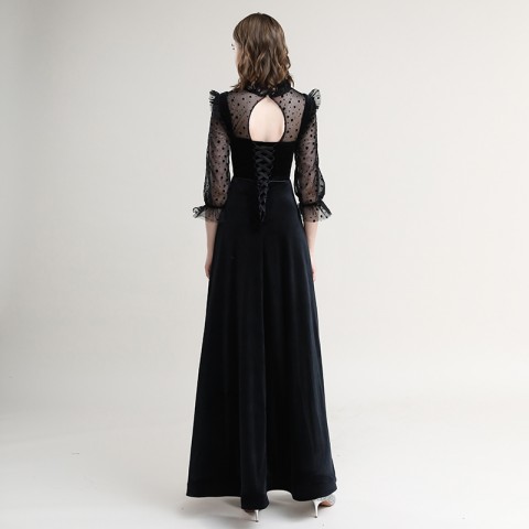 Black High Collar Long Tulle Sleeves Velvet Party Dress