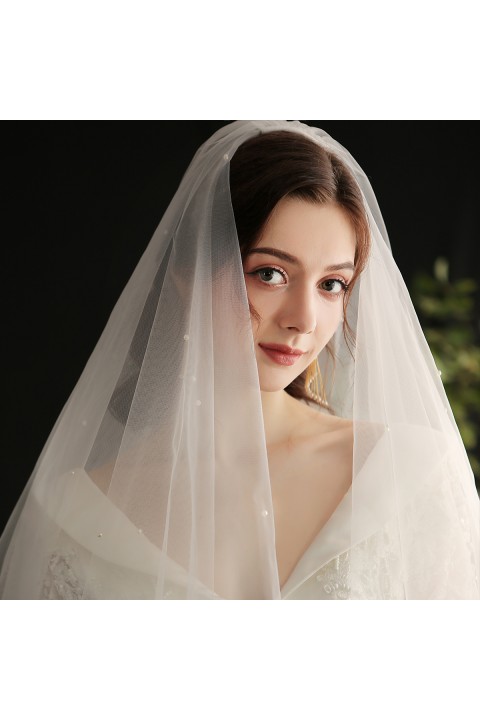 New White Two-Tier Pearl Decor Short Soft Tulle Wedding Bridal Veil With Comb