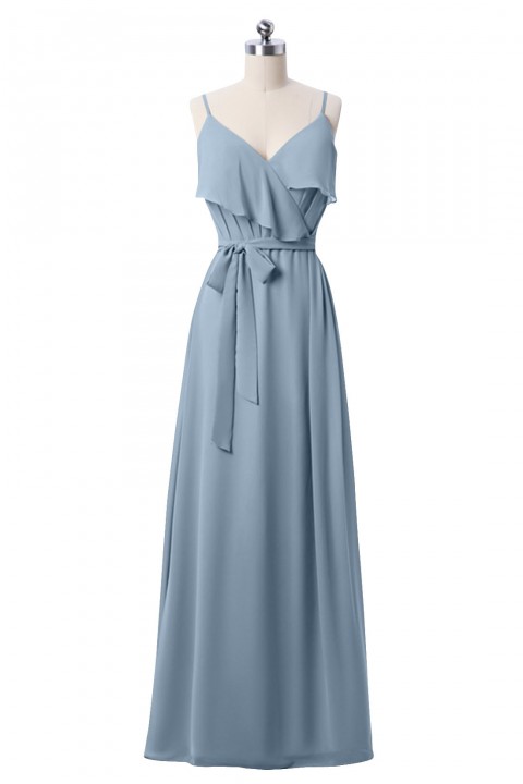 Spaghetti Straps Scoop Back Ruffled Chiffon Bridesmaid Dress with Sash