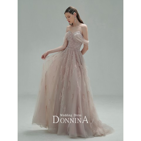 Pink Luxury Off Shoulder Beaded Feathers Design Fantasy Tulle Party Dress