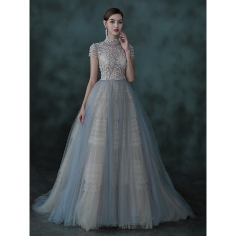 Light Grey High Collar Short Sleeves Beaded & Sequin Tulle Party Dress