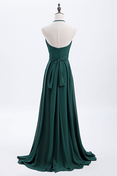 Halter Spaghetti Strap Open Back Chiffon Bridesmaid Dress with Sash