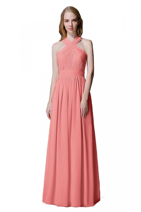 Criss-cross Halter Pleated Chiffon Bridesmaid Dress with Cross-straps Back