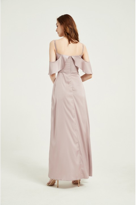 Lavender Cold Shoulder Flounce Sleeves High Split Luxe Satin Bridesmaid Dress