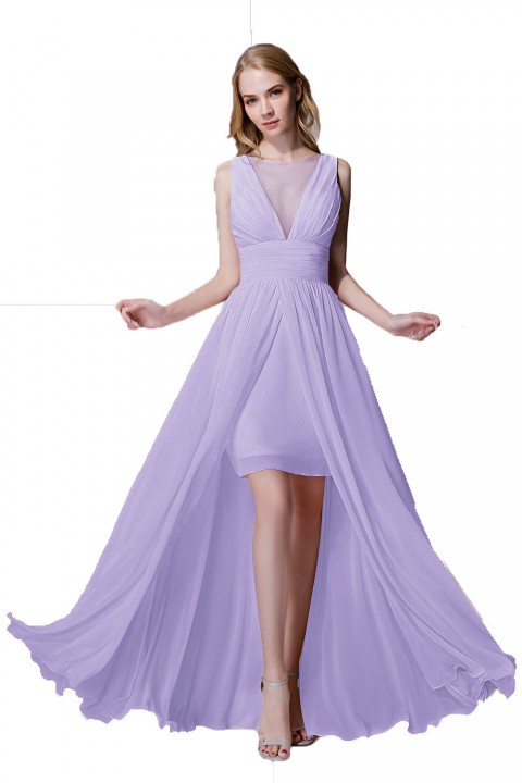 Plunging Illusion Tulle Scoop Neck High Slit Chiffon Bridesmaid Dress