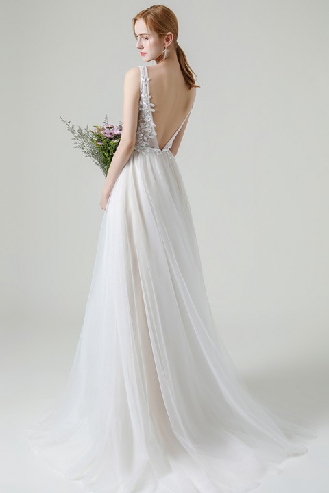 Illusion Deep V Neck & Back Lace Applique Pearl Decor Tulle Wedding Dress