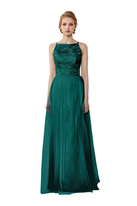 Tulle Lace Illusion Boatneck and Back Bridesmaid Dress with Keyhole 