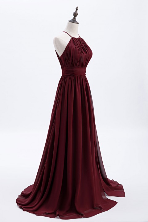 High-Neck with Keyhole Halter Tie Back Chiffon Bridesmaid Dress 