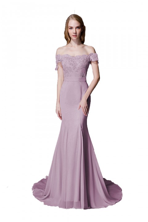 Elegant Mermaid Off Shoulder Chiffon Lace Straight Bridesmaid Dress with Train