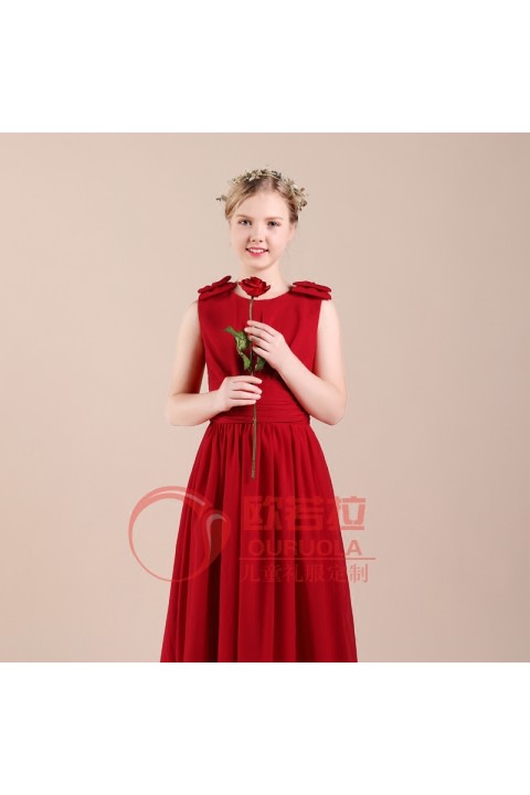 Red Sleeveless Floor-length Satin Skirt Junior Bridesmaid Dresses