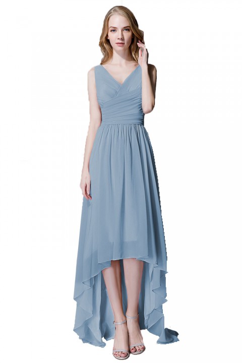 Romantic High-Low V-Neck Chiffon Ruched Bridesmaid Dress