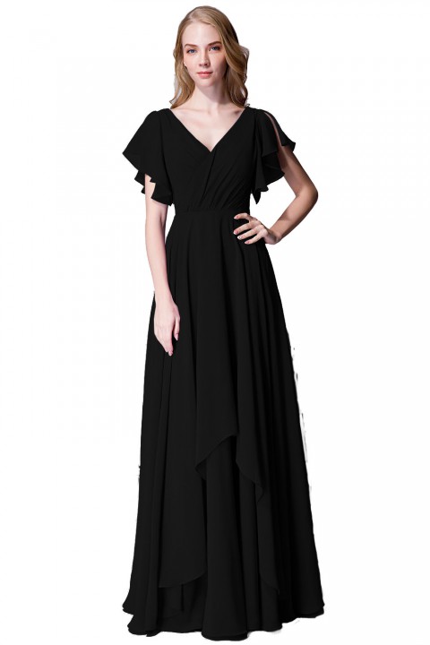 Flutter Sleeve Chiffon Ruched V Back Bridesmaid Dress Long