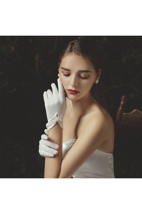 White Bow Decor Bright Wedding Bridal Satin Gloves