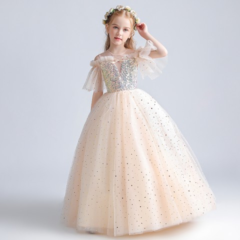 Champagne Illusion Round Neck Sleeveless Sequins Decor Tulle Skirt Girls Pageant Dresses