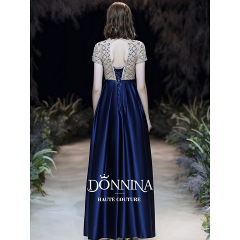 Gorgeous High Neck Beaded Decor High Waist Satin Party Dress