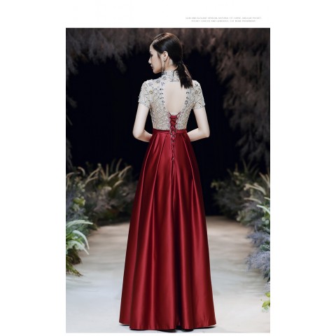 Gorgeous High Neck Beaded Decor High Waist Satin Party Dress