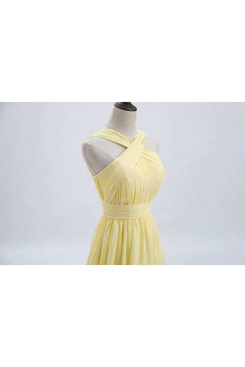 Criss-cross Halter Pleated Chiffon Bridesmaid Dress with Cross-straps Back