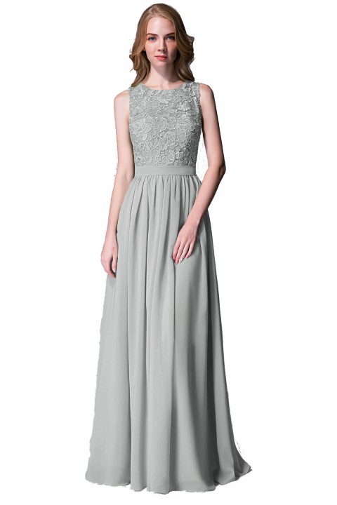 Lace Upper Bodice Illusion Scoop Neck Chiffon Bridesmaid Dress Sleeveless