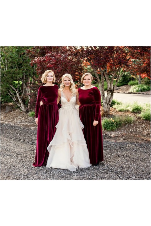 Long Sleeve Boat Neck Luxe Stretch Velvet Bridesmaid Dress with Tied Waist