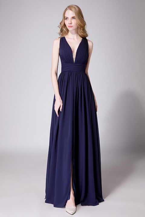 Sexy Deep V-Neck Plunging Silt Bridesmaid Dress with Keyhole Back