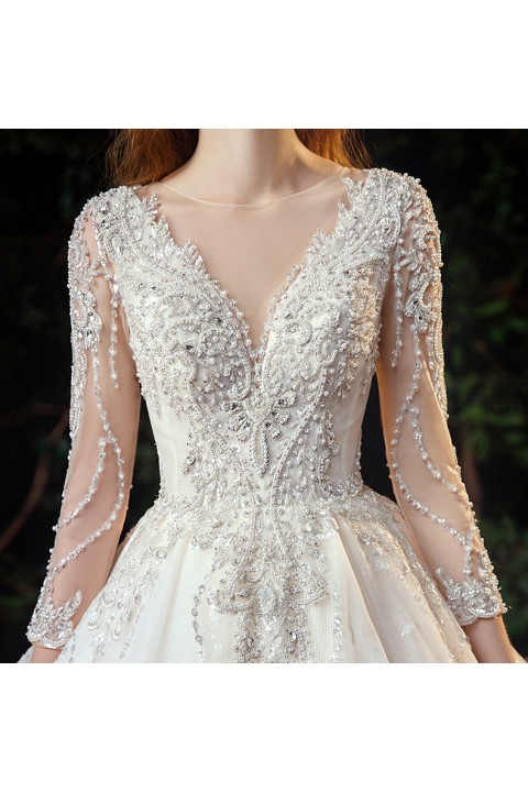 New 2021 Elegant Deep V-neck Long Sleeves Beaded & Sequins Decor Flower Embroidered Tulle Wedding Dress With Long Train