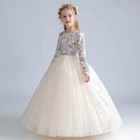Round Neck Long Lace Embroidery Beaded Sleeve Tulle Skirt Girls Pageant Dresses