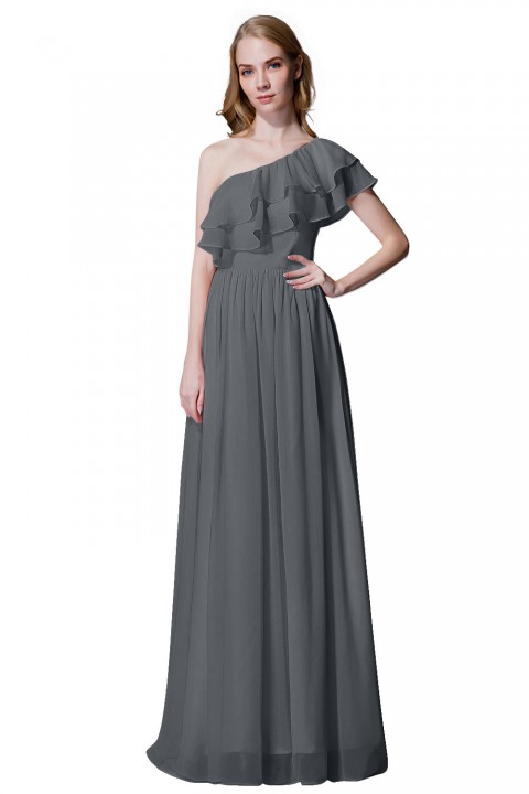 Asymmetrical One-Shoulder Flounce Chiffon Bridesmaid Dress Long