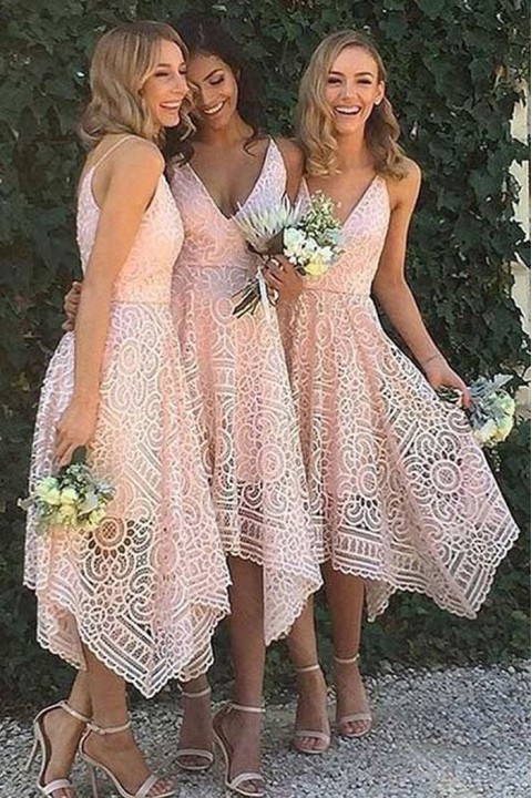 Spaghetti Straps Lace V Neck Asymmetrical Bridesmaid Dress Short