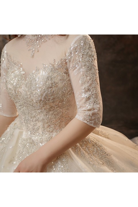 Plus Size 2021 High Neck Half Sleeves Beaded Sequin Decor Tulle Wedding Dress