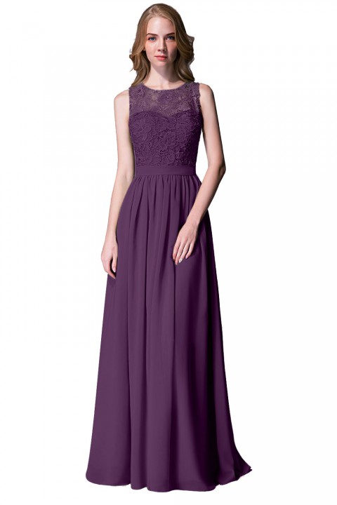 Lace Upper Bodice Illusion Scoop Neck Chiffon Bridesmaid Dress Sleeveless