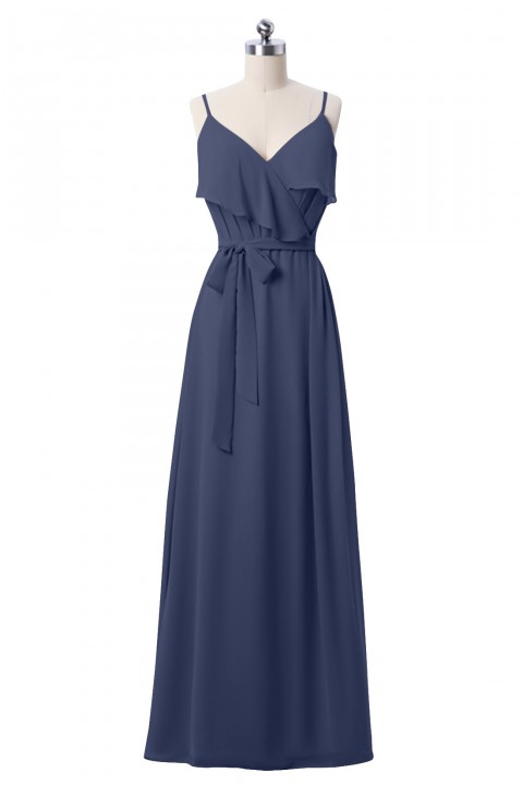 Spaghetti Straps Scoop Back Ruffled Chiffon Bridesmaid Dress with Sash