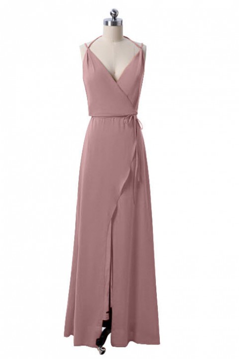 Open Back Adjustable Spaghetti Straps Bridesmaid Dress With Split