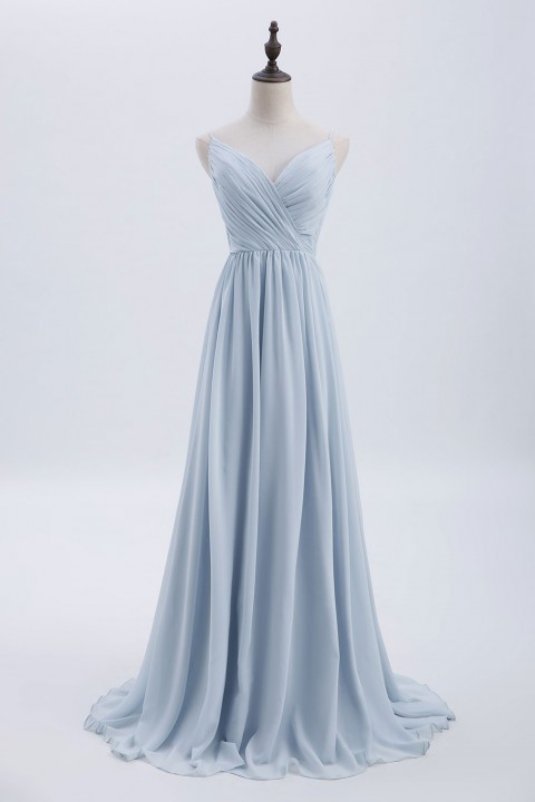 Spaghetti Straps Shell Neck Chiffon Bridesmaid Dress Open-back 