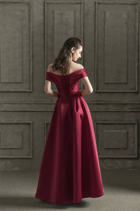 Off Shoulder Ruched Corset Back A-Line Satin Wedding Prom Dress